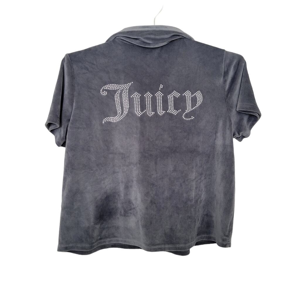 Juicy Couture Velour Top Size Large L Bowling Shirt Gray Bling Logo Y2K